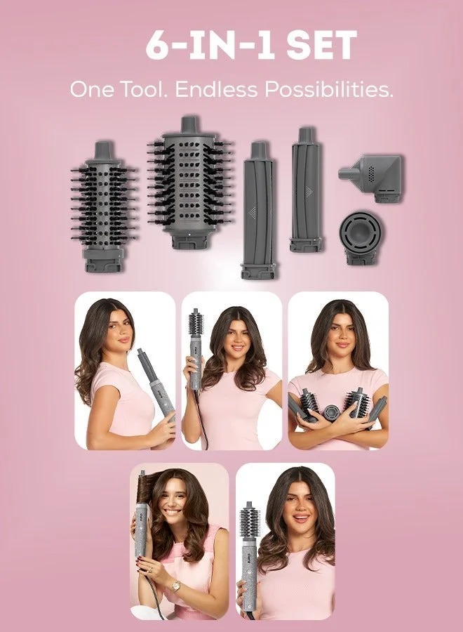 CLARA  Clara Multi Styler for All Hair Types 6-in-1 Styling Tool with Auto-Wrap Curlers, Blow Dryer, Round & Oval Brush ? 1500W Ionic Hair Styler for Frizz-Free Waves & Salon Blowouts (Diamond Silver) Diamond Silver for Women | Best Price UAE
